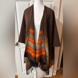 Parsley & Sage Poncho Wrap Floral Fringed Western Women’s Size XL Made In France